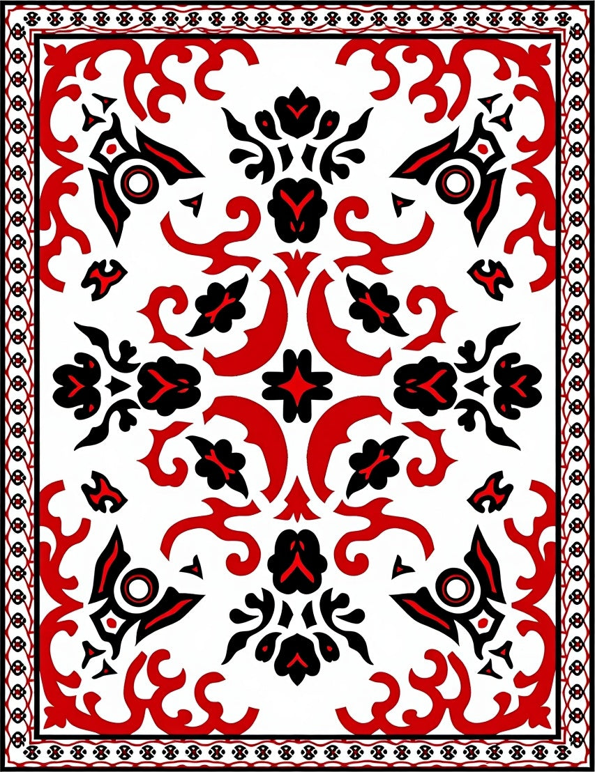 Bold Red Black Botanical Accents Rug