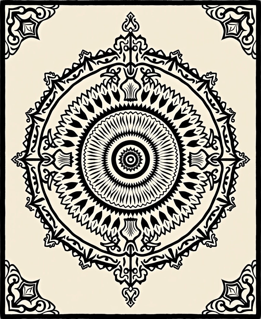 Black Cream Ornate Circular Mandala Rug