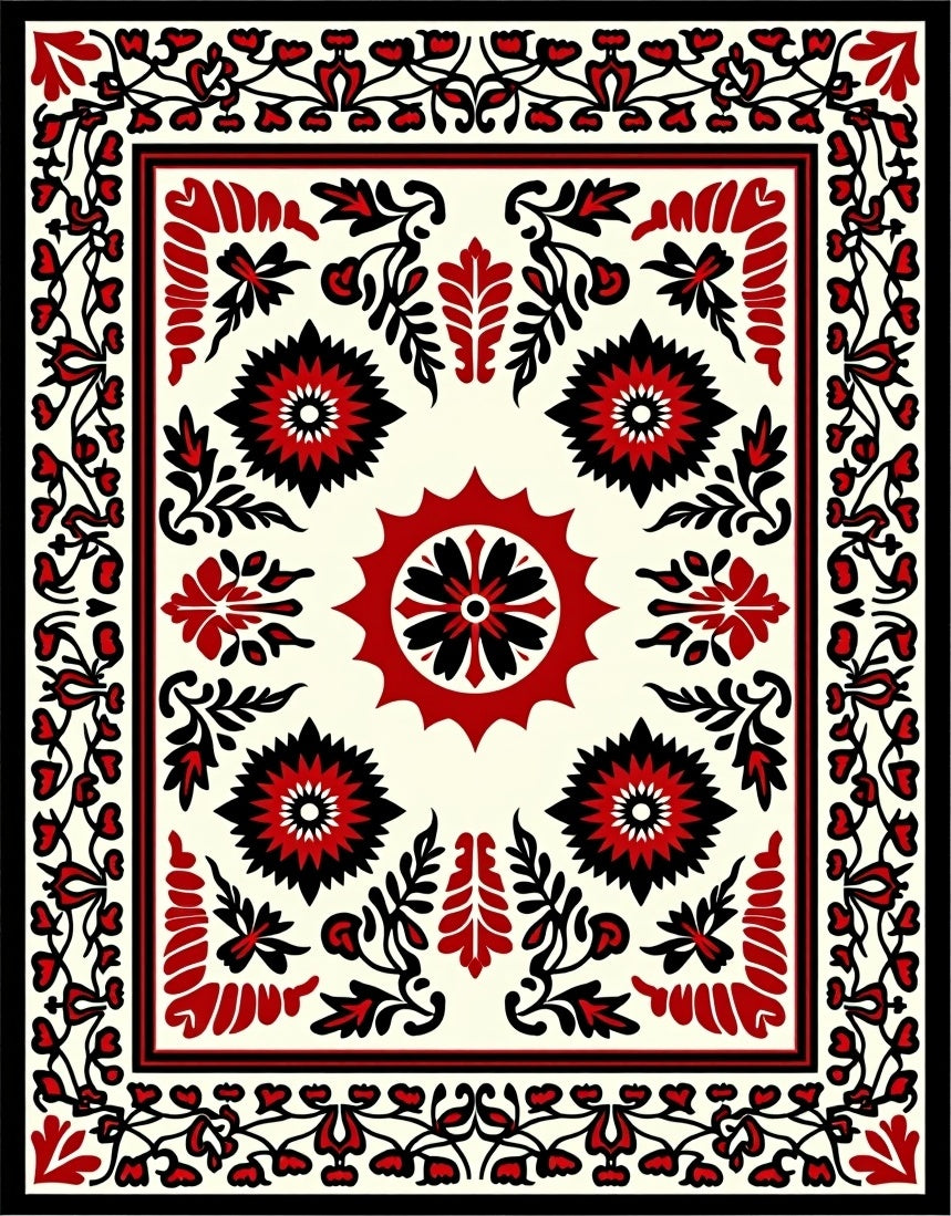 Bold Red Floral Starburst Medallion Rug