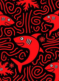 Red Shark Swirls Marine Life Rug