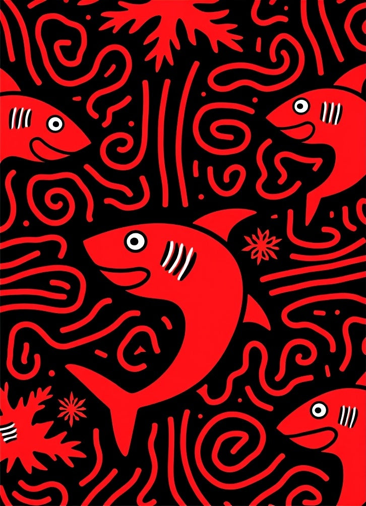 Red Shark Swirls Marine Life Rug
