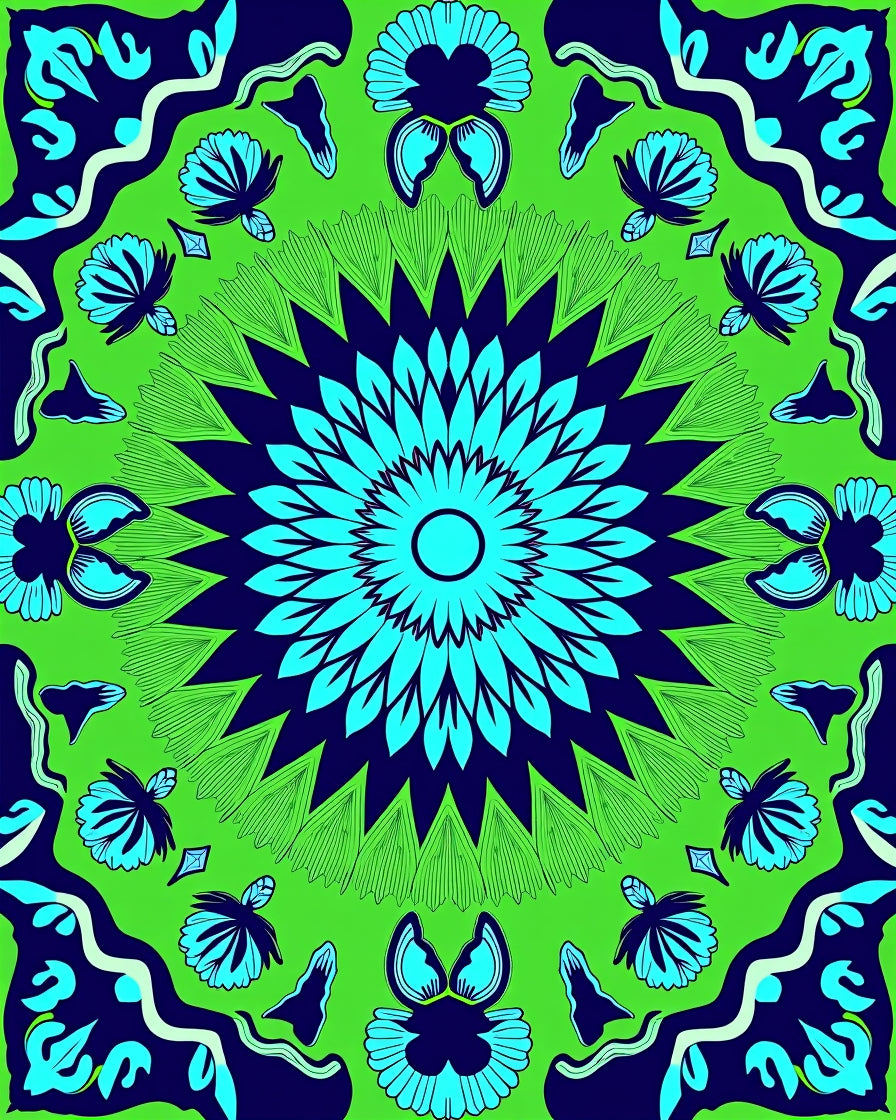 Vibrant Blue Green Floral Mandala Rug