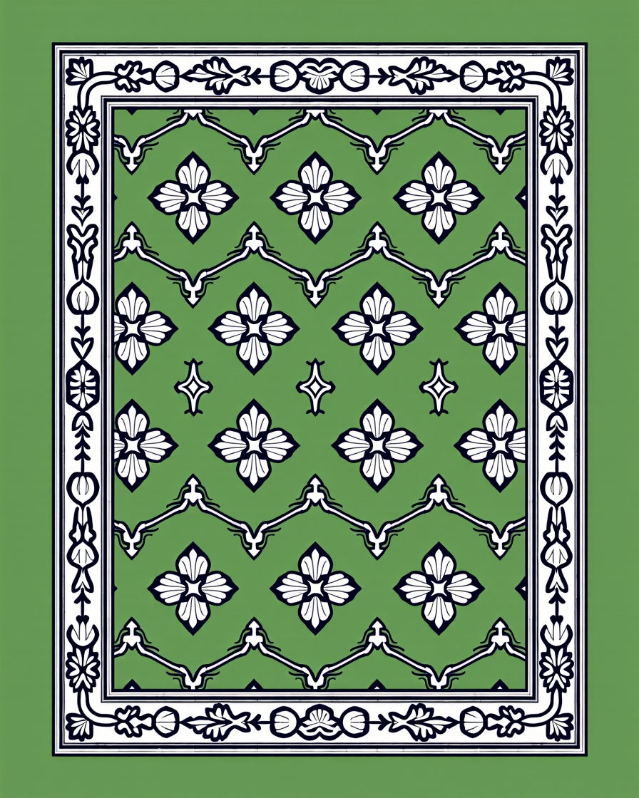 Green White Floral Lattice Border Rug