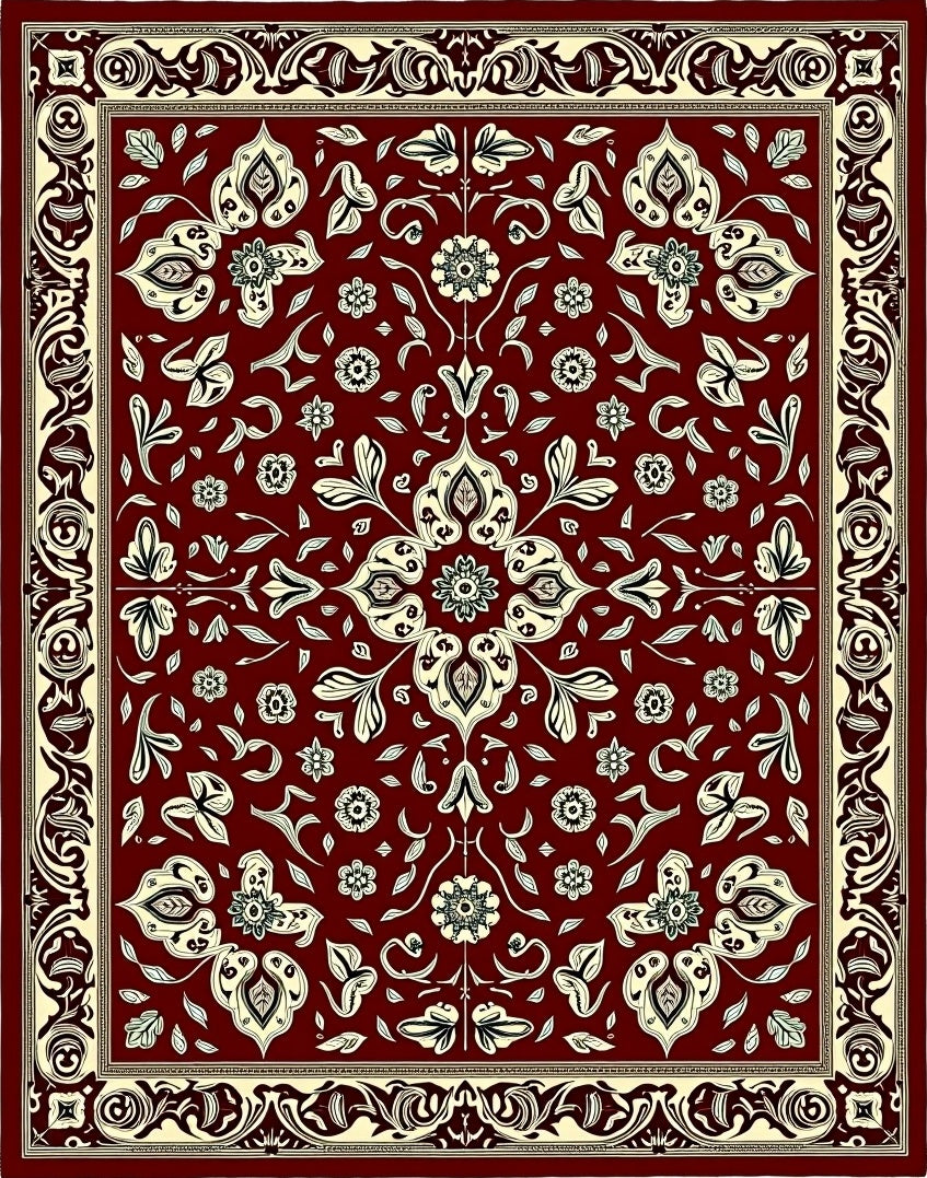 Rich Crimson Botanical Bloom Border Rug