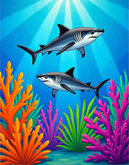 Ocean Sharks with Colorful Coral Reef Rug