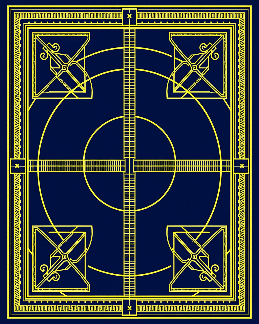 Navy Yellow Geometric Square Circle Rug