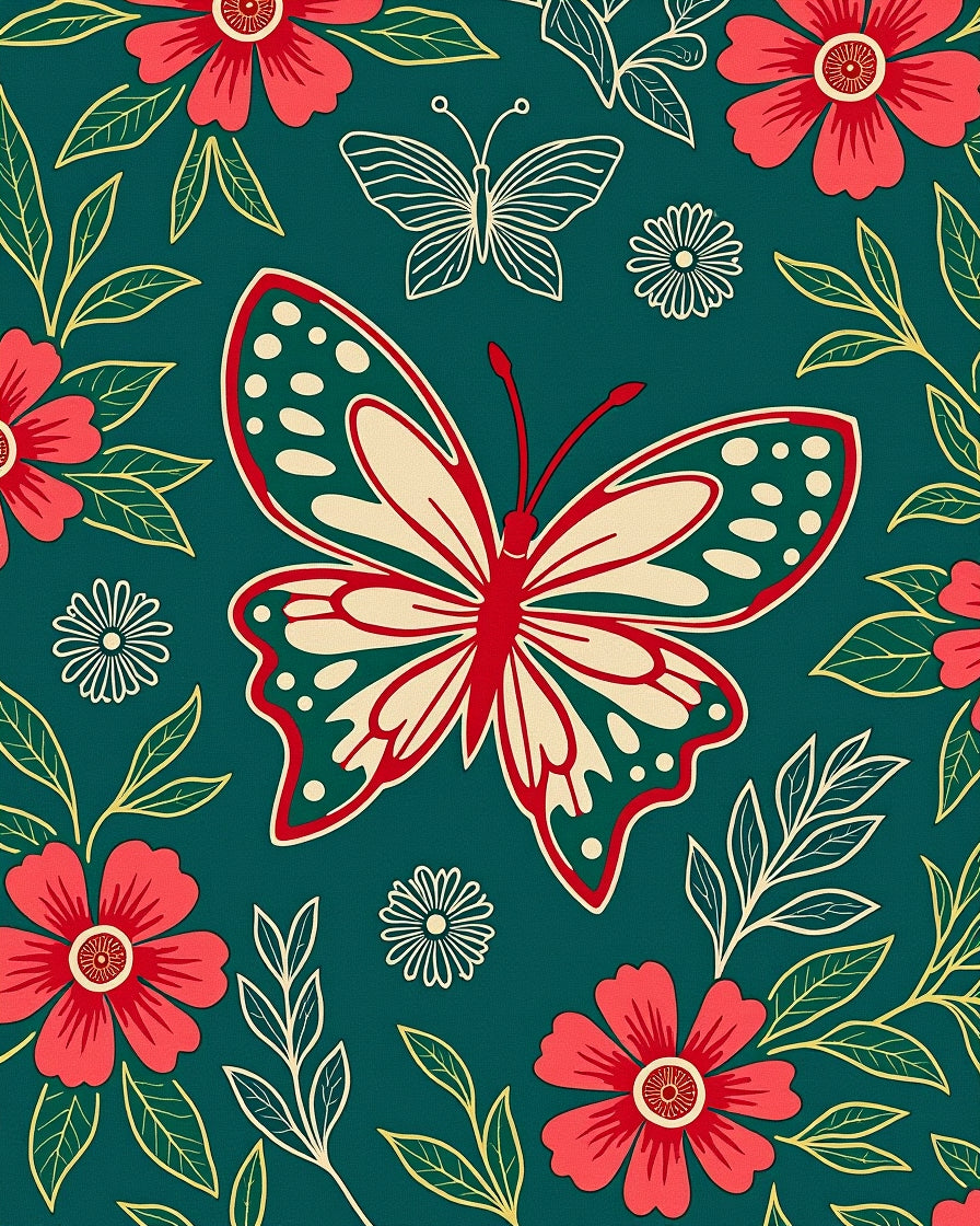 Coral Red Flowering Butterfly Garden Rug