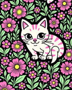 Whimsical Pink Floral Cat Garden Rug