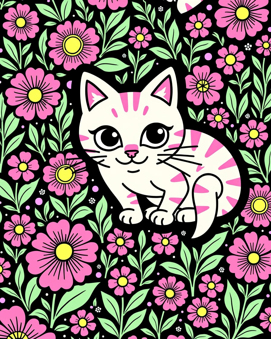 Whimsical Pink Floral Cat Garden Rug