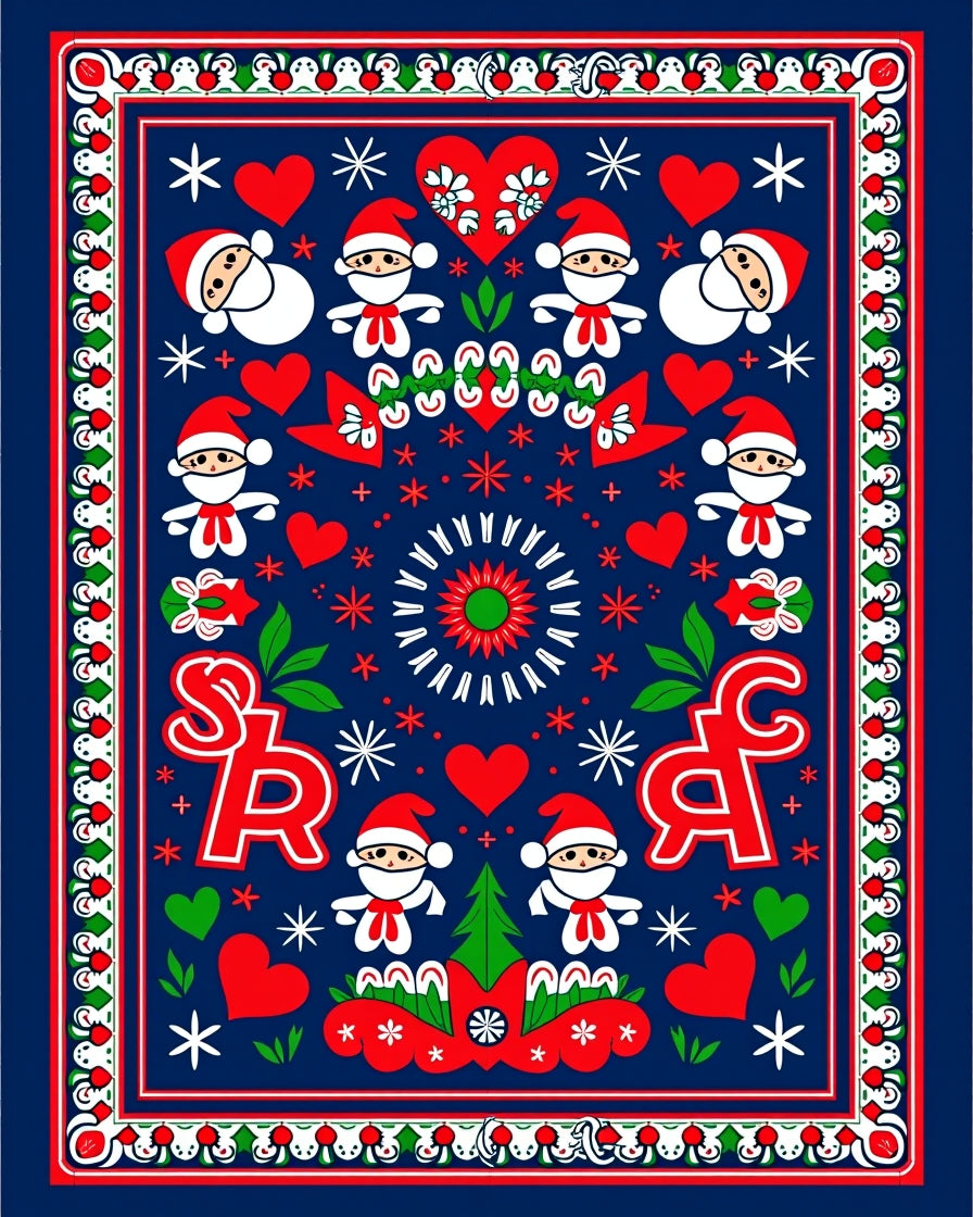 Festive Red Blue Santa Hearts Tannenbaum Rug