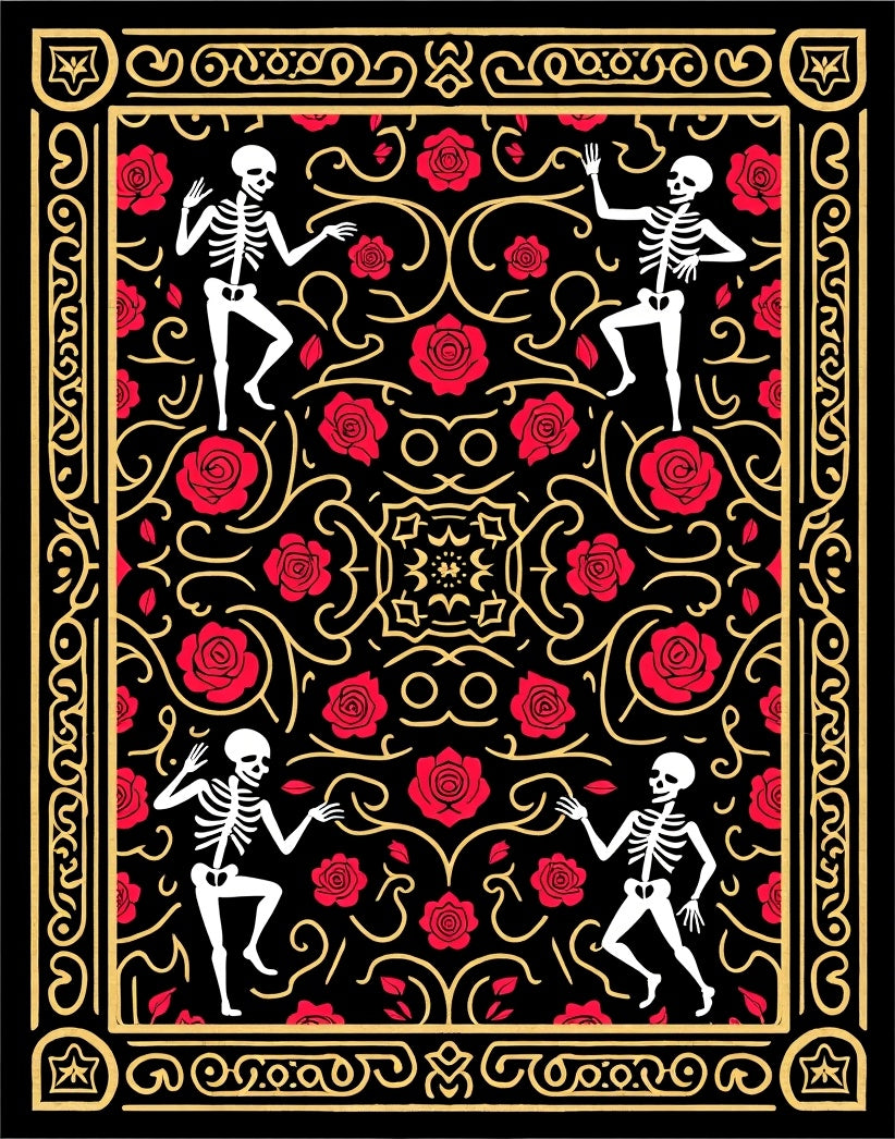 Dancing Skeletons Red Rose Scrollwork Rug