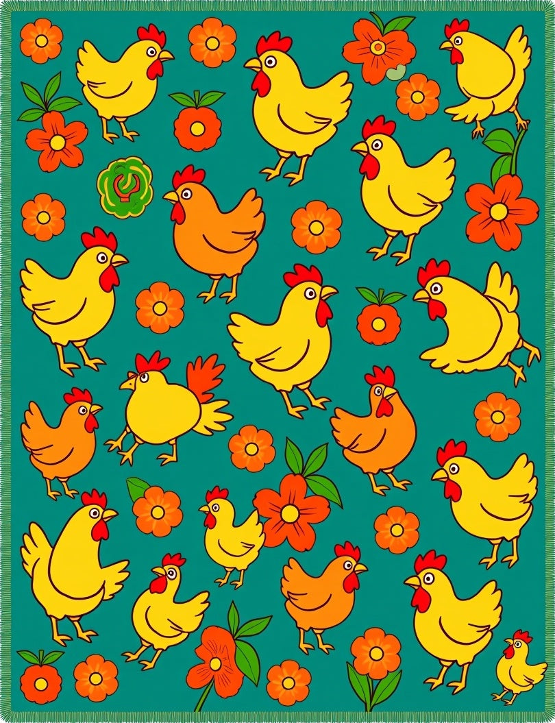 Playful Yellow Chickens Orange Flowers Rug