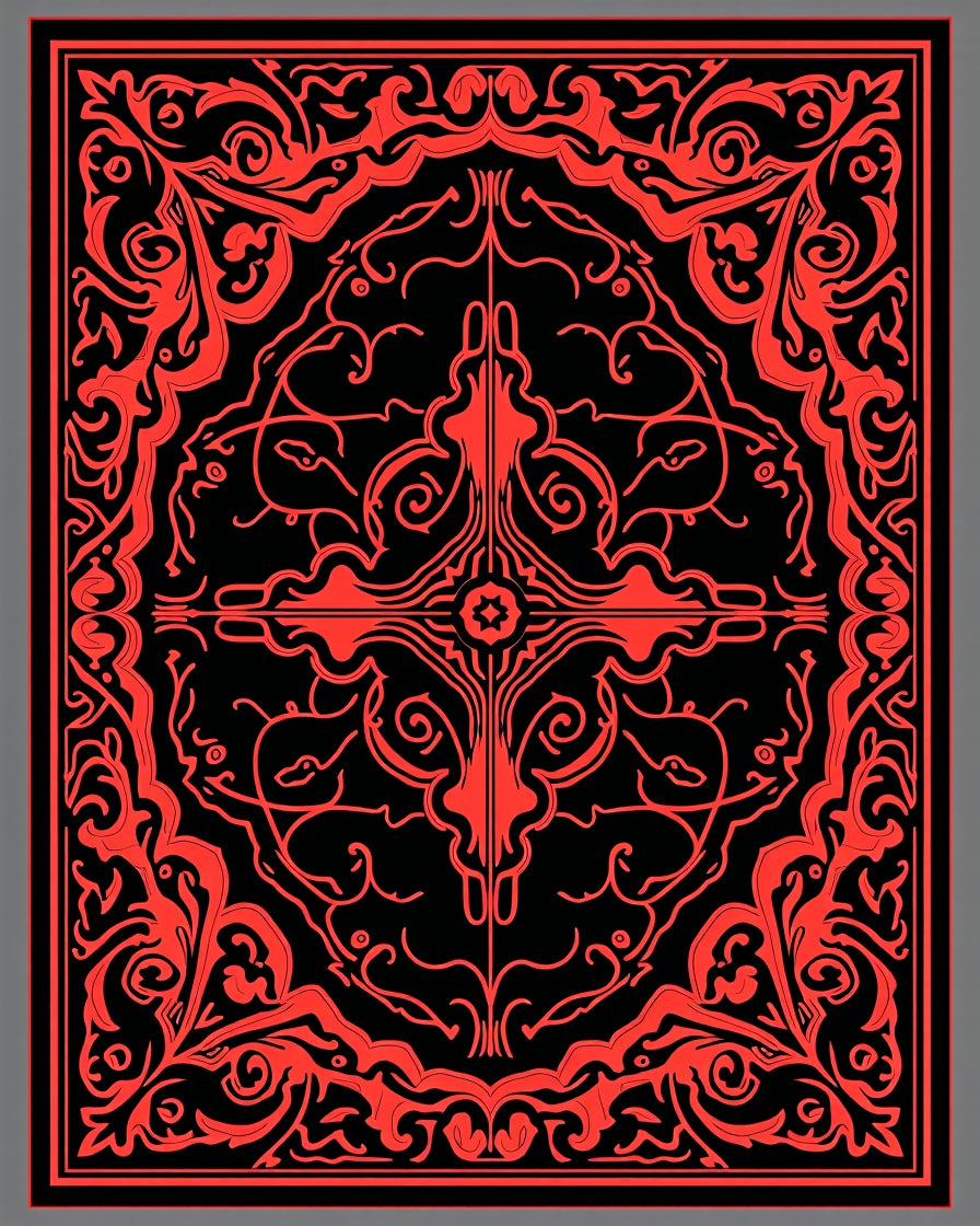 Bold Red Ornamental Swirl Frame Rug