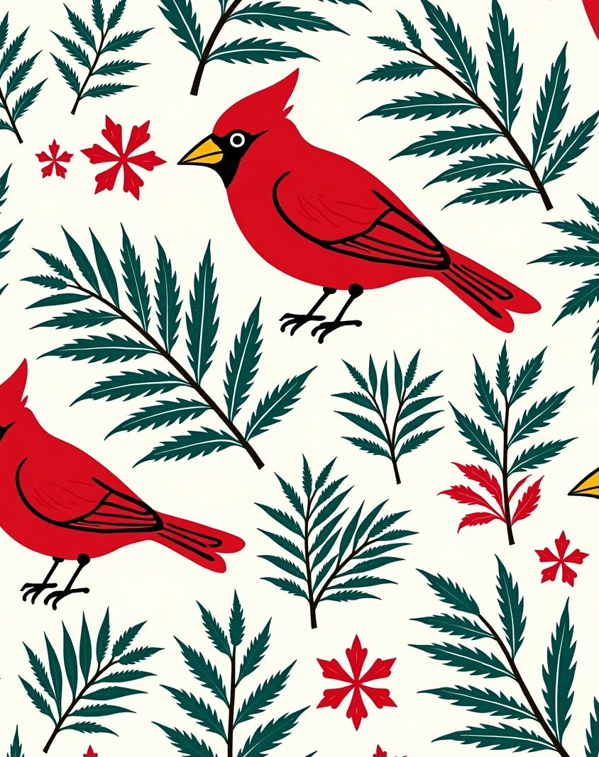 Red Cardinal Green Fern Christmas Bloom Rug