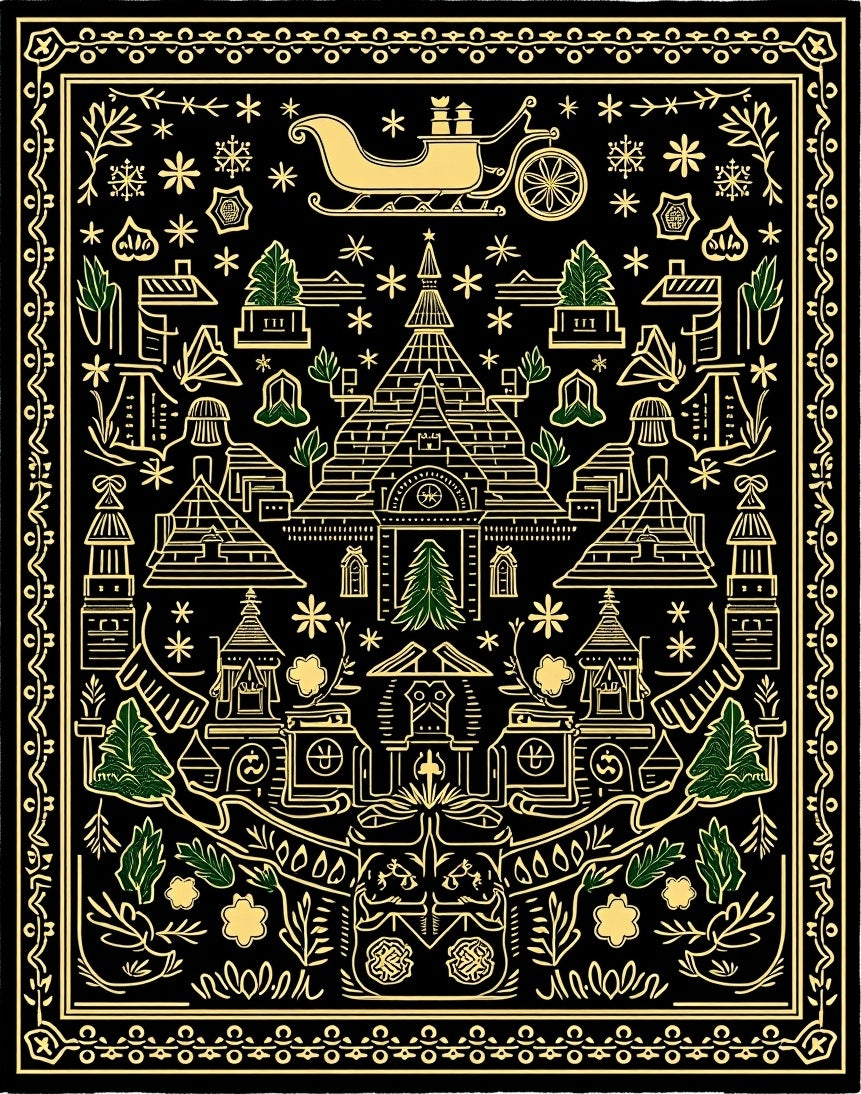 Vintage Black Gold Village Sleigh Rug