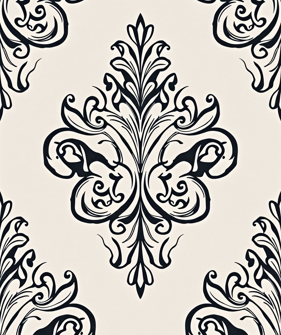 Classic Black Damask Cream Ornament Rug