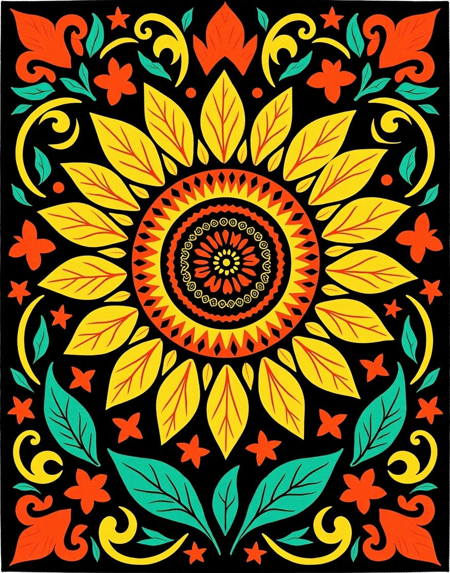 Vibrant Sunburst Floral Folk Art Rug