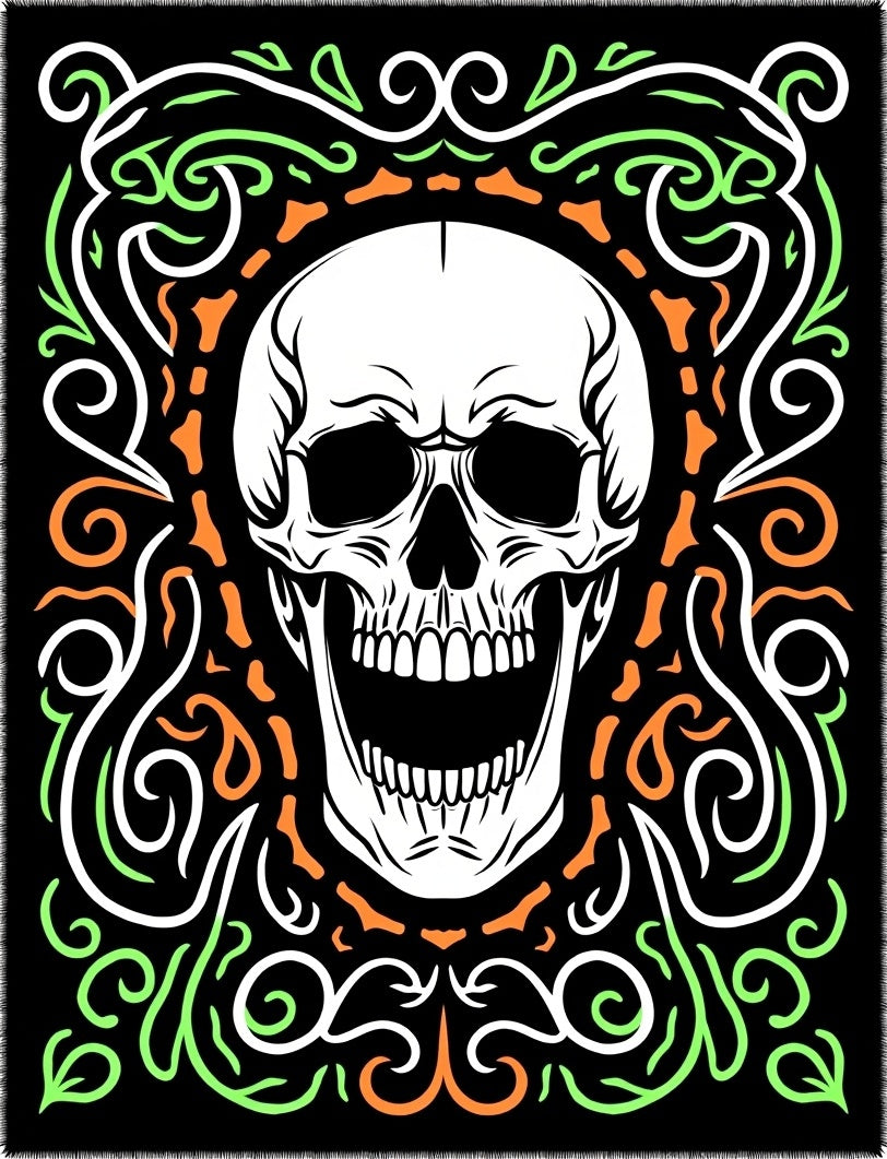 Grotesque White Skull Floral Border Rug