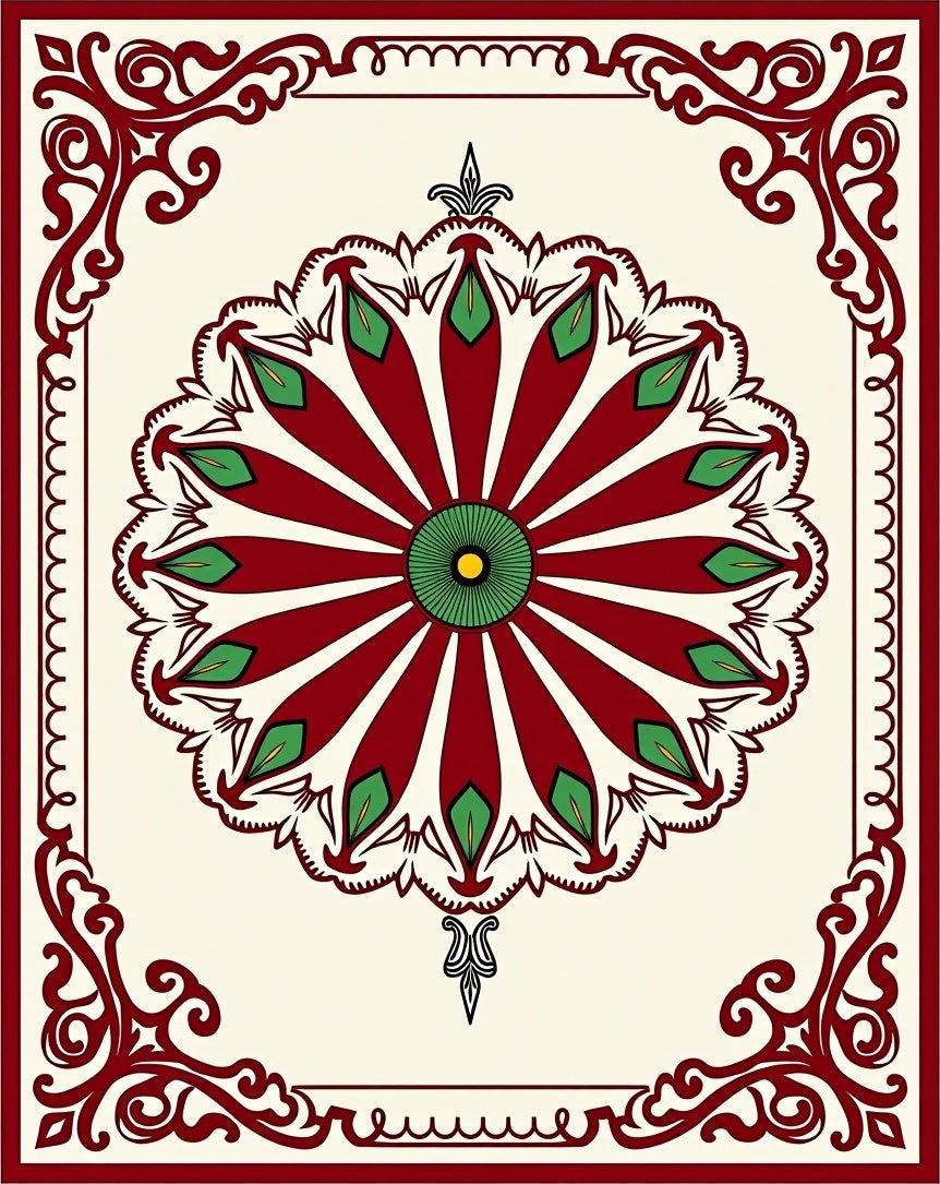 Rich Red Green Bloom Round Frame Rug