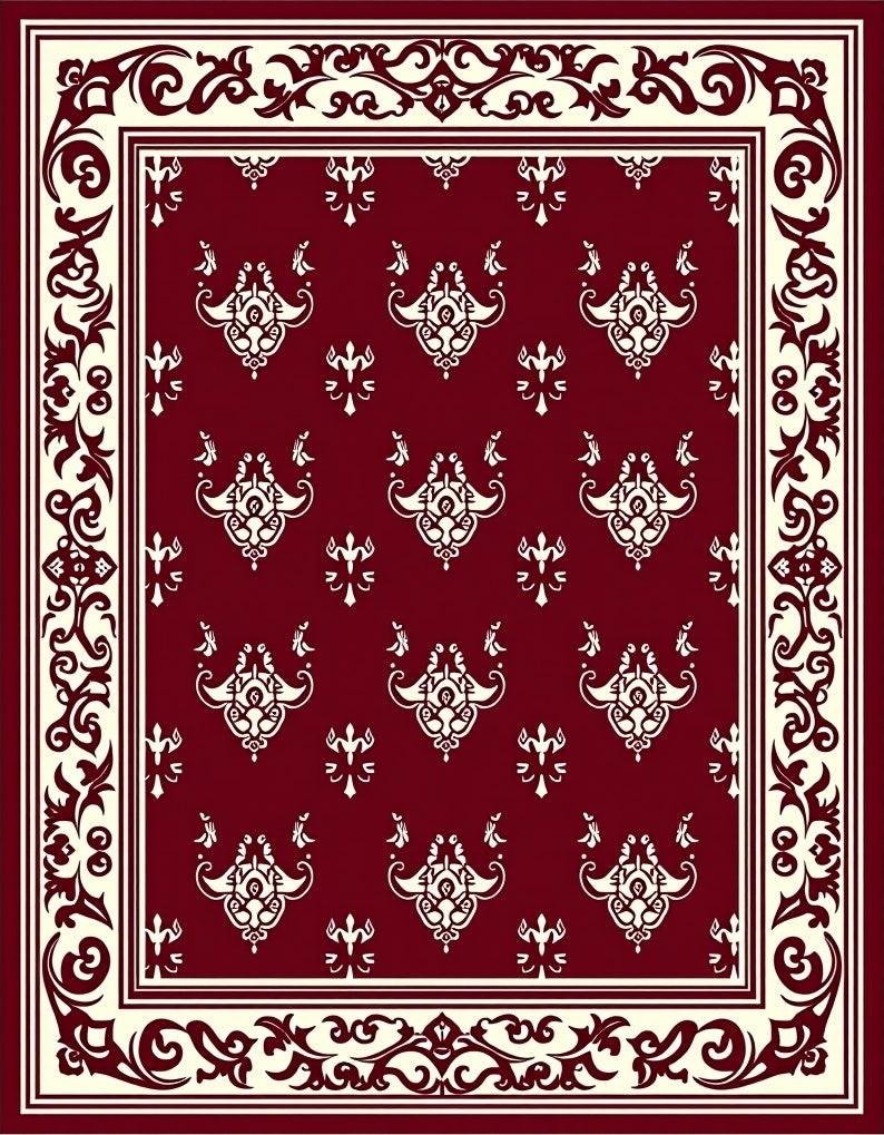 Crimson Cream Damask Floral Border Rug