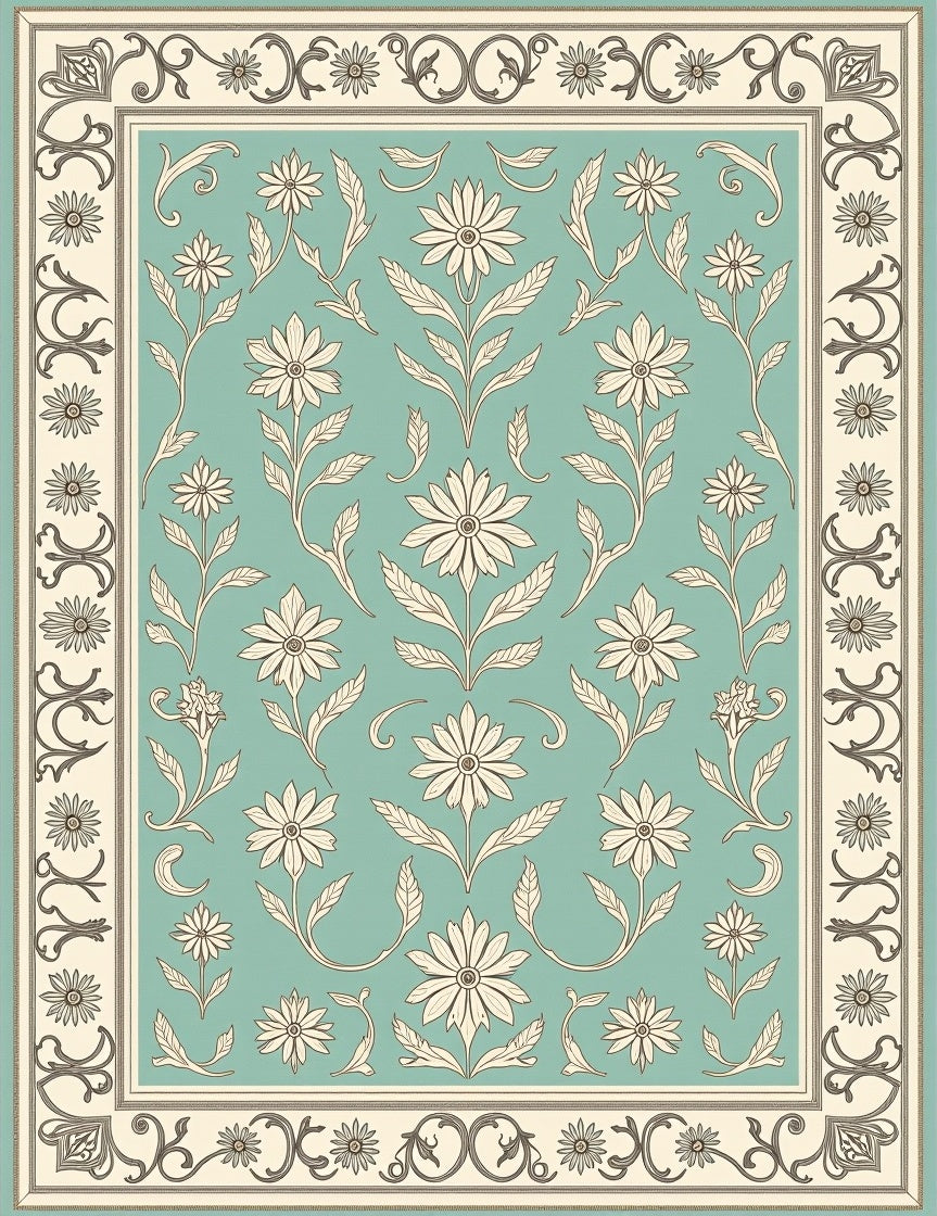 Aqua Cream Floral Arch Border Rug