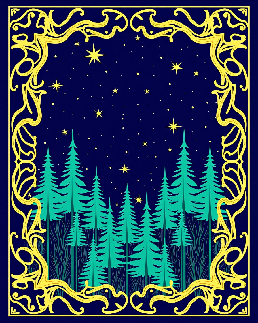 Midnight Forest Stars Golden Frame Rug