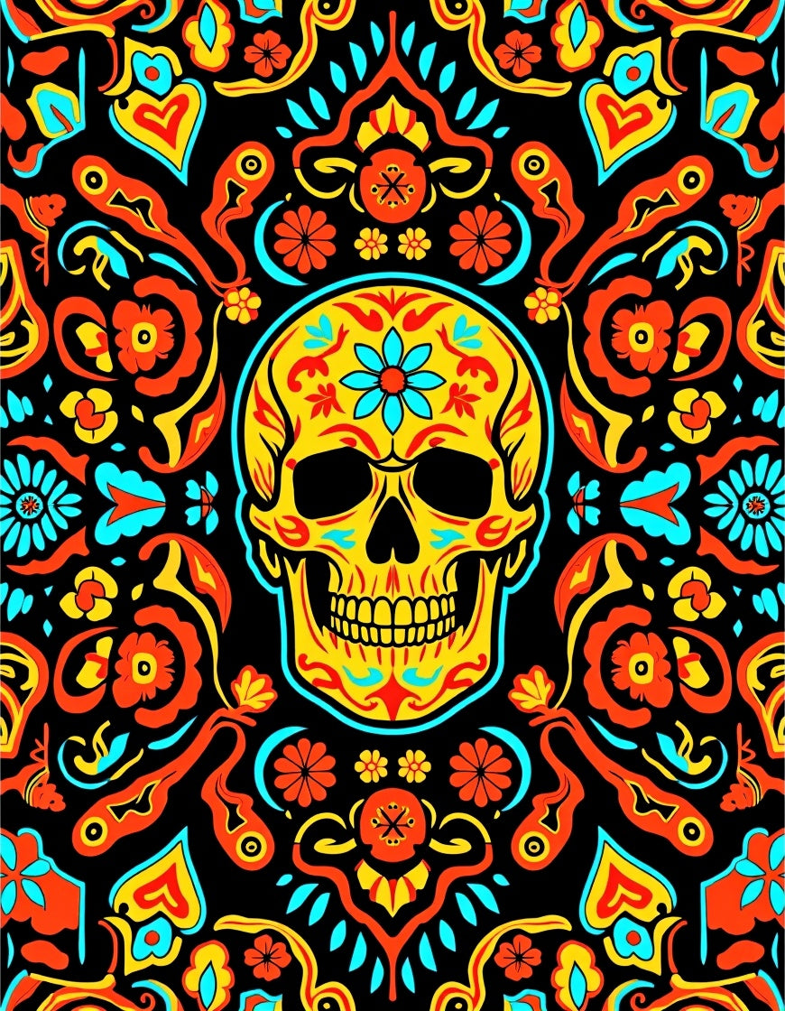 Vibrant Day of the Dead Skull Floral Rug