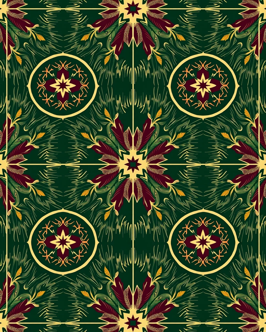 Deep Green Burgundy Sunburst Medallion Rug