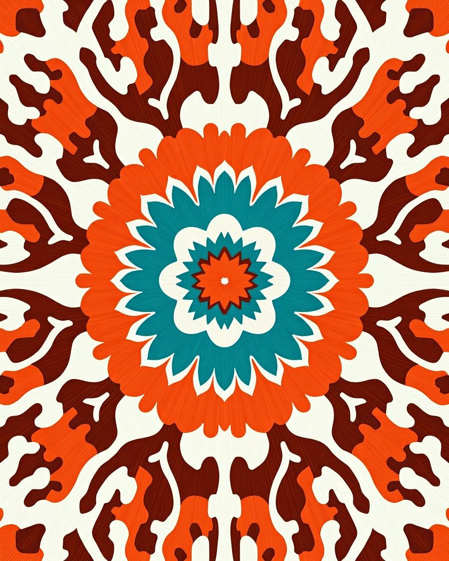 Orange Teal Blossom Mandala Art Rug