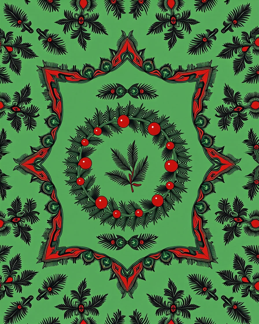 Green Red Christmas Wreath Medallion Rug