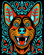 Vibrant Cyan Orange Canine Floral Swirls Rug
