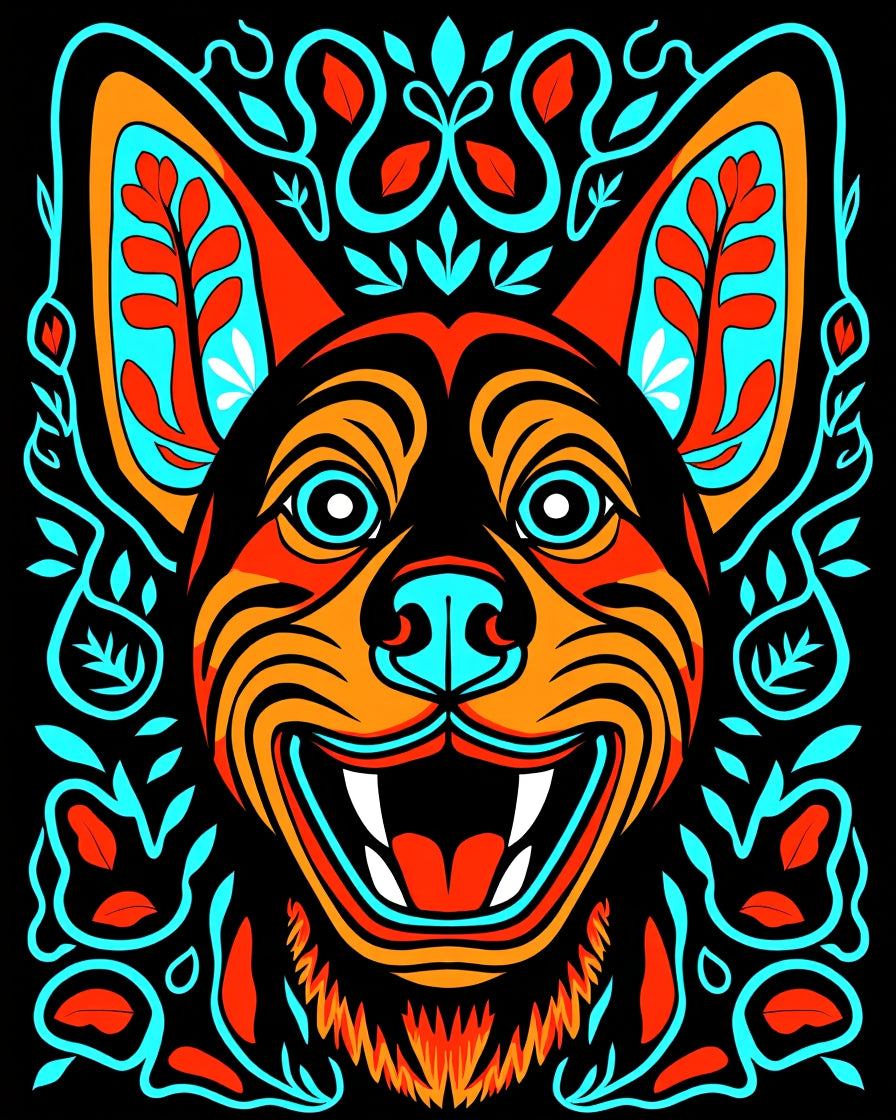 Vibrant Cyan Orange Canine Floral Swirls Rug
