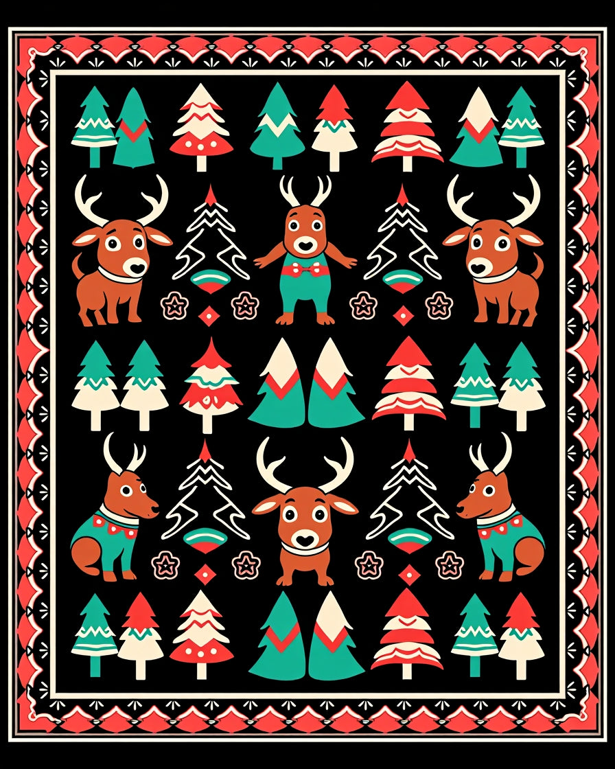 Festive Reindeer And Pine Trees Rug