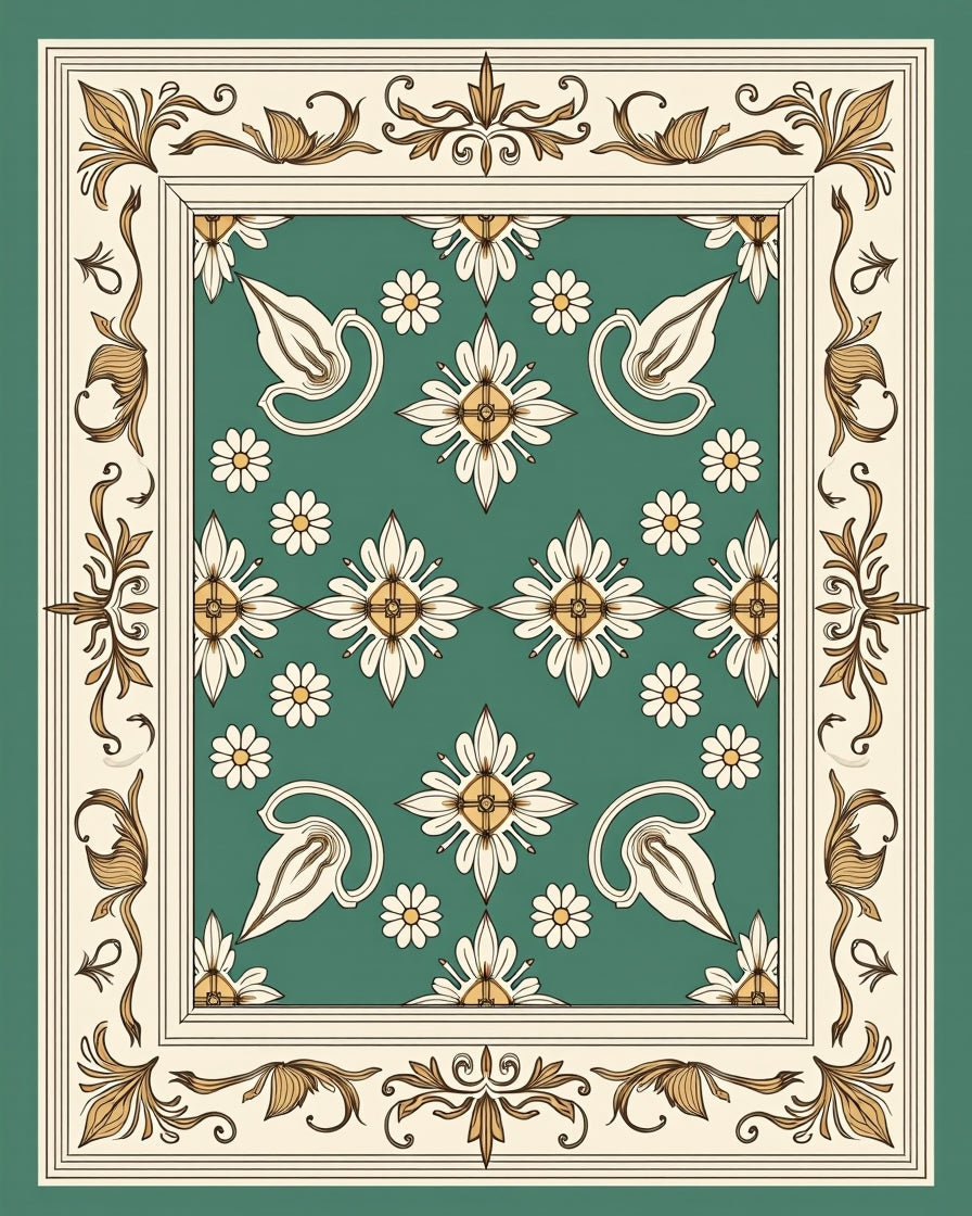 Victorian Teal Floral Medallion Border Rug