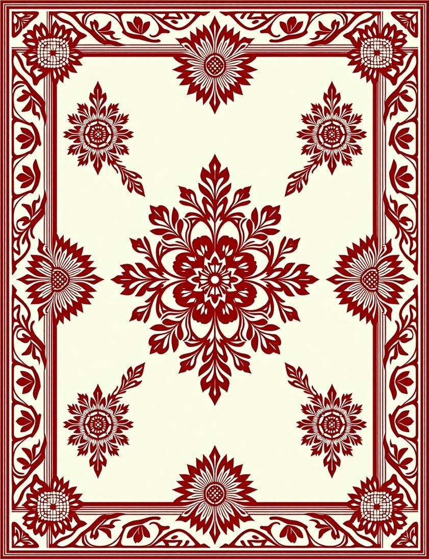 Crimson Floral Garden Medallion Border Rug