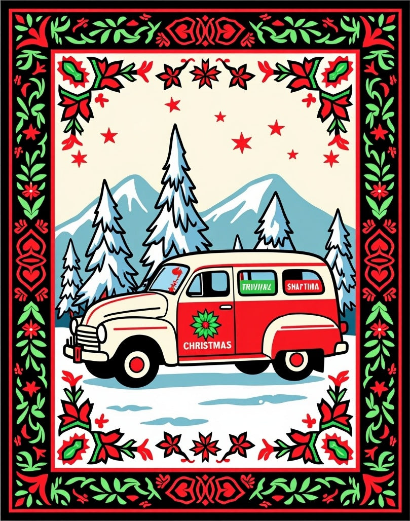 Retro Christmas Van Snowy Mountain Scene Rug