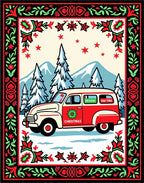 Retro Christmas Van Snowy Mountain Scene Rug