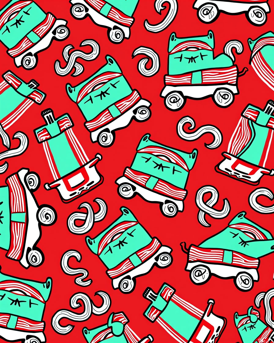 Red Teal Cartoon Animal Wheels Rug