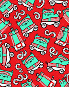 Red Teal Cartoon Animal Wheels Rug