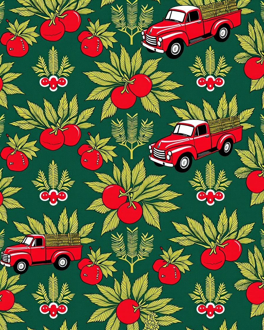 Red Vintage Trucks With Tomatoes Rug