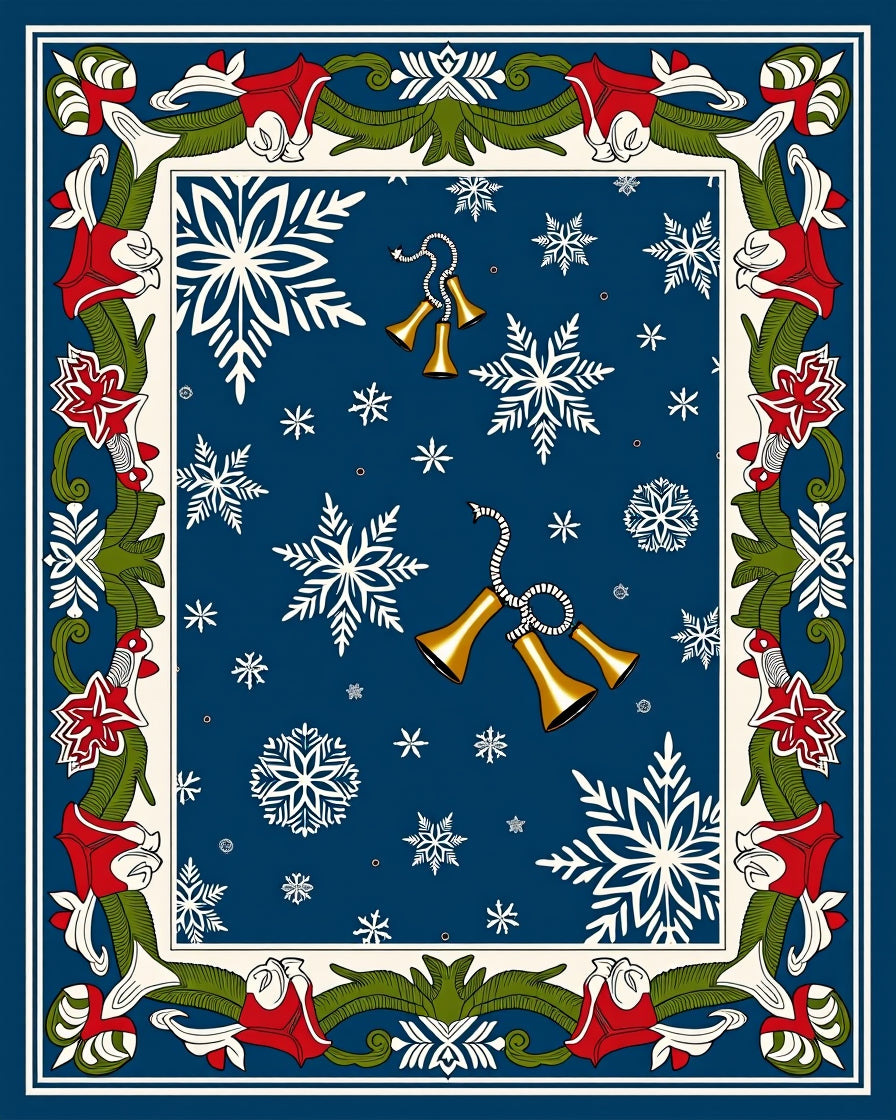 Blue Snowflakes Bells Holiday Border Rug