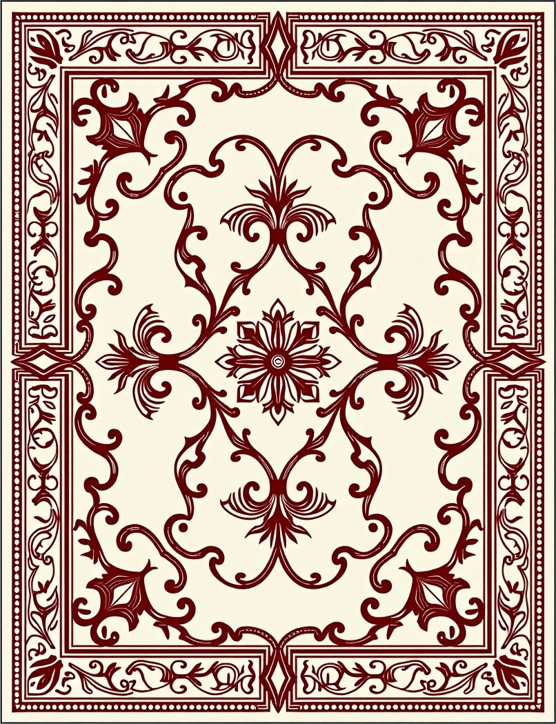 Deep Red Classical Scrollwork Inlay Rug