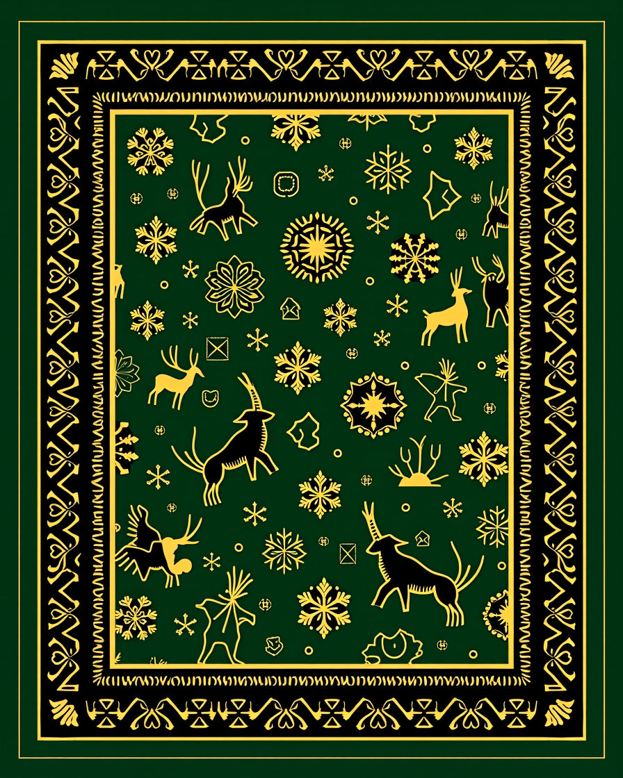 Deep Green Deer Snowflake Motif Rug