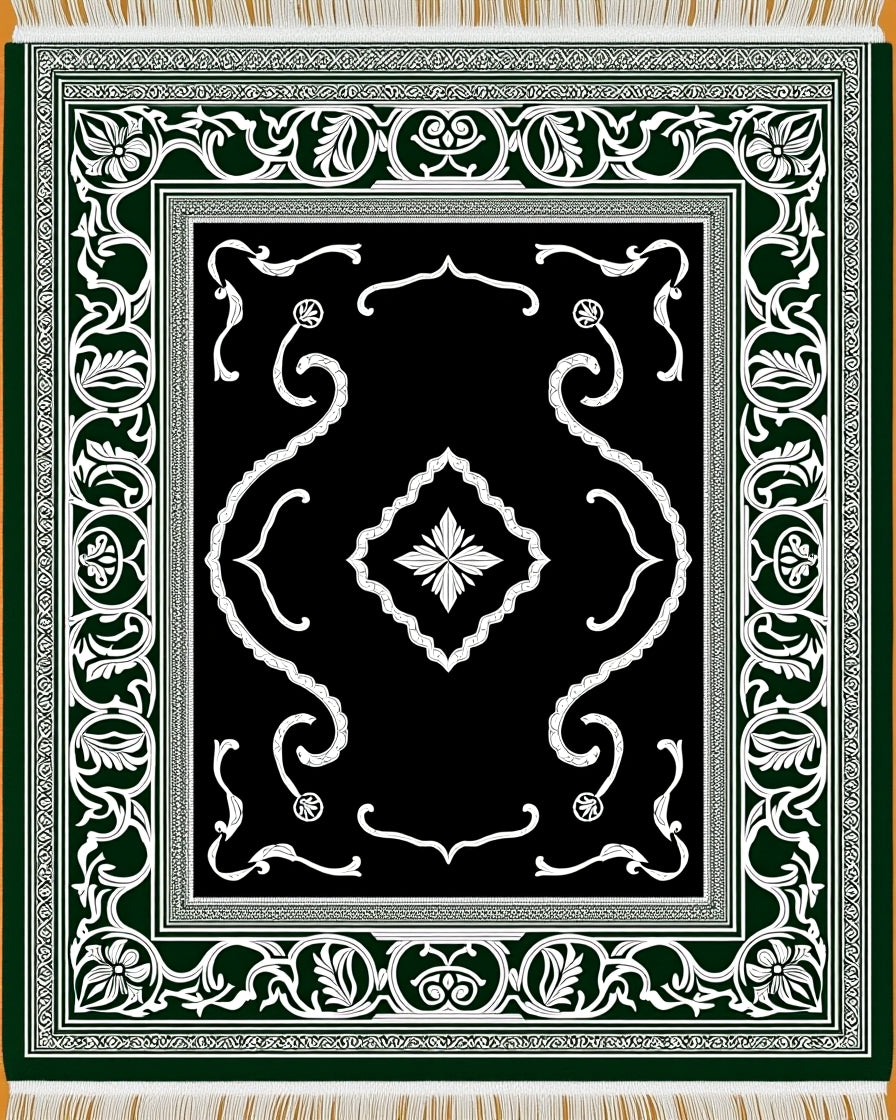 Dark Green White Floral Medallion Rug