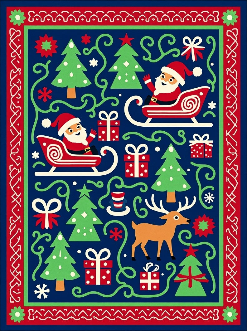 Festive Blue Santa Sleigh Deer Trees Rug