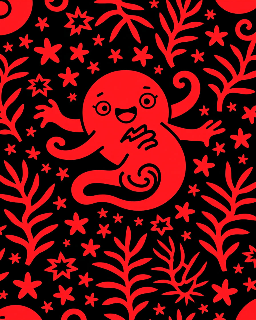 Playful Red Underwater Starry Creature Rug