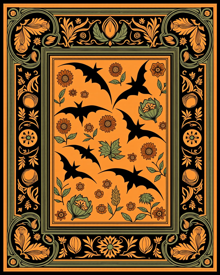 Orange Bat Floral Border Rug
