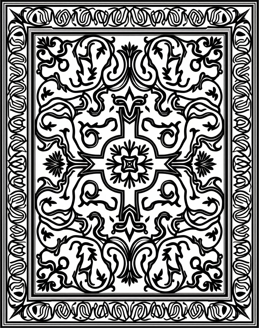 Intricate Black White Scrolling Vines Rug