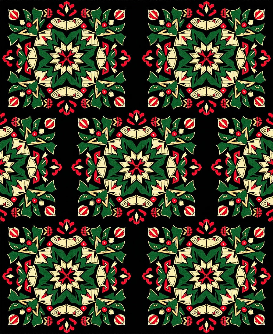 Festive Green Red Floral Medallion Rug
