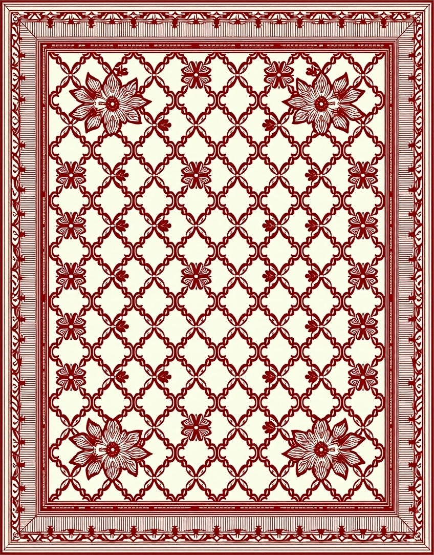 Crimson Floral Lattice Border Rug